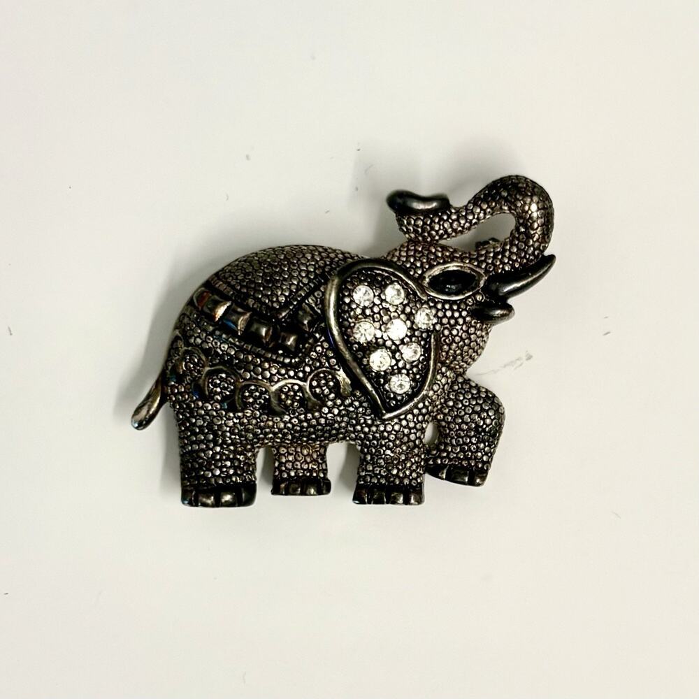 Vintage Elephant Brooch Pin Pave Rhinestone Trunk Up 2” Antiqued Silver-Tone